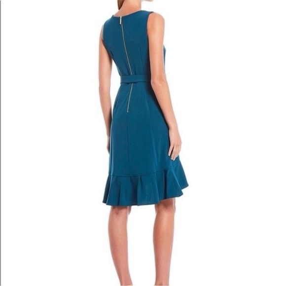 Calvin Klein ruffle sheath dress tie waist flounce hem size 4 teal - Picture 4 of 13